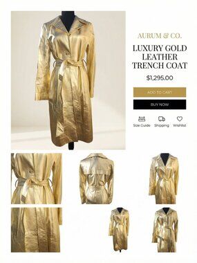 ⭐Luxury Designer Stylish Gold Real Genuine Leather Glamorous Jacket Coat Trench